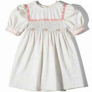 Polly Flinders Vintage Smocked Dress White Pink Puff Sleeve Girls 4T